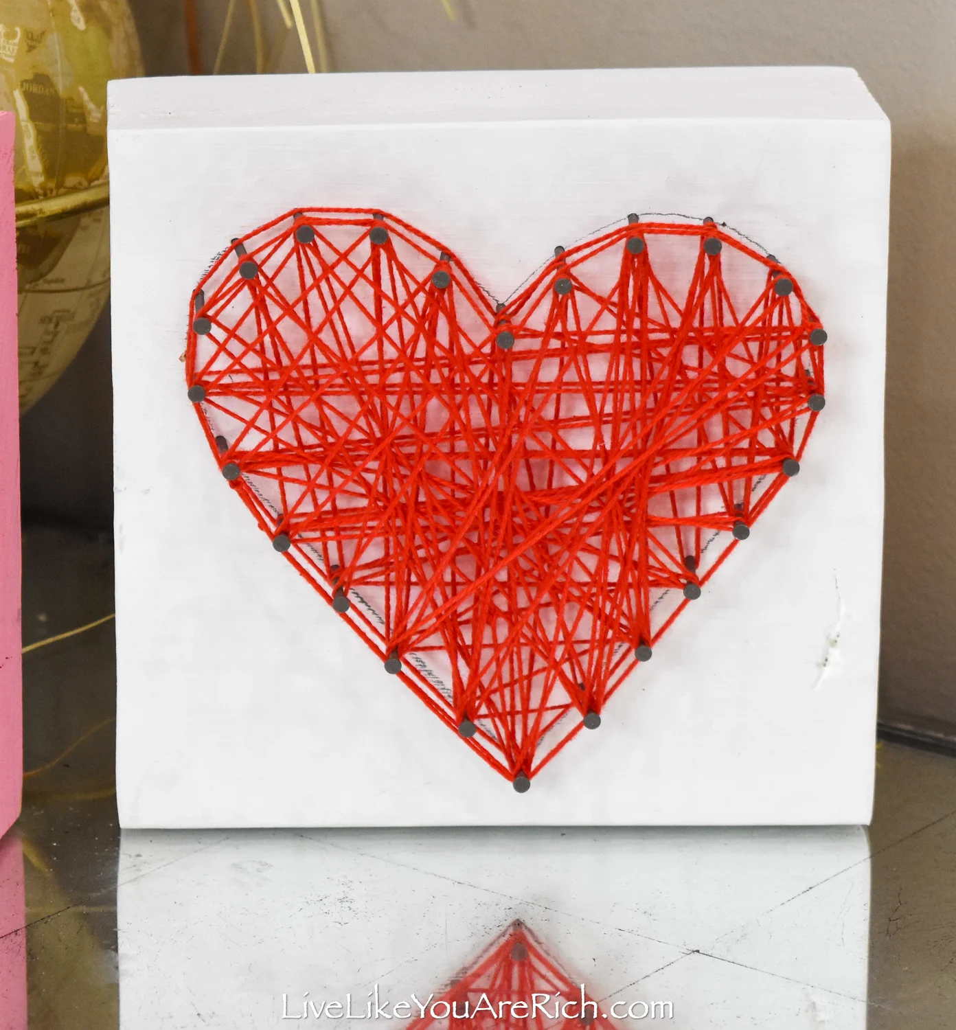 Valentine's String Heart Craft in white block wood