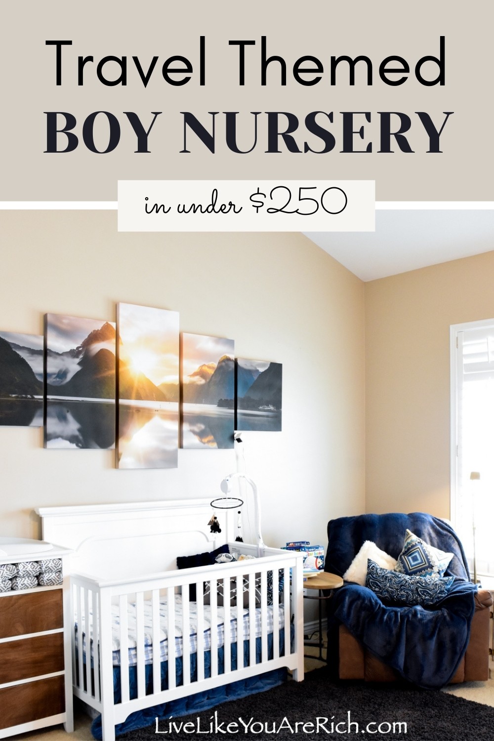 This travel themed boy nursery post give you ideas on how to make a functional, cute, and inexpensive travel themed nursery for your little one.