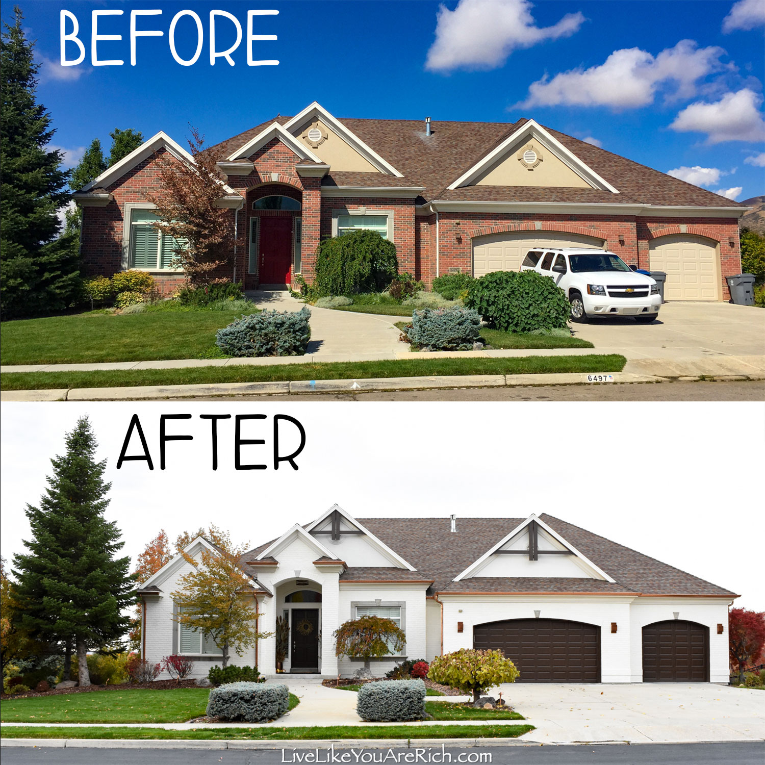 White Brick Lime Wash With Copper Gutters and Lights— Exterior Home Renovation