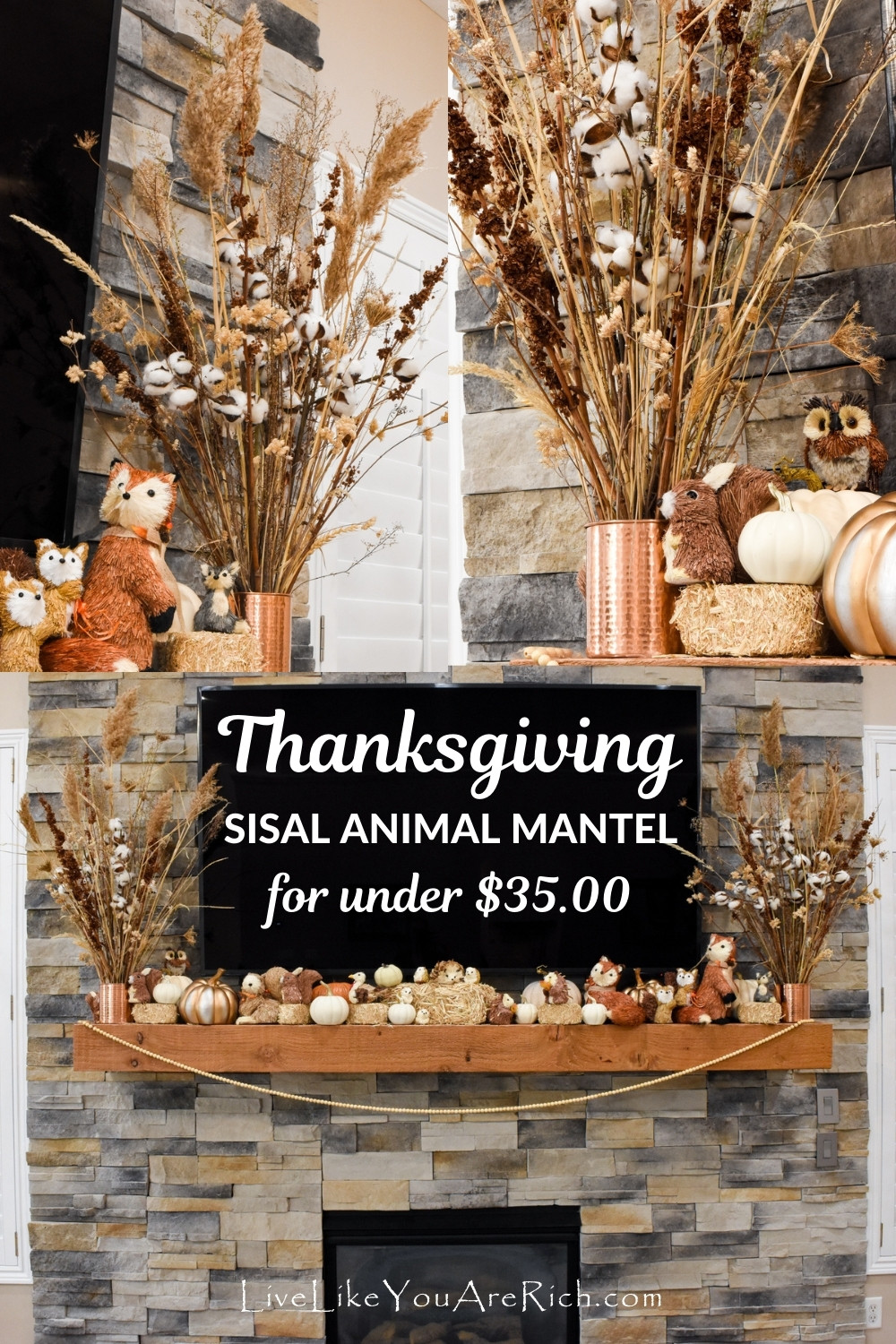 This is our Thanksgiving Sisal Animal Mantel this fall. Fall is one of my favorite times of the year. This mantel is similar to my Thanksgiving mantel last year, with some updated changes.