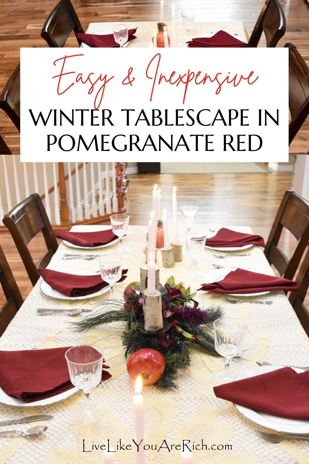This Winter Pomegranate Red Tablescape was very simple, easy, and inexpensive to put together.