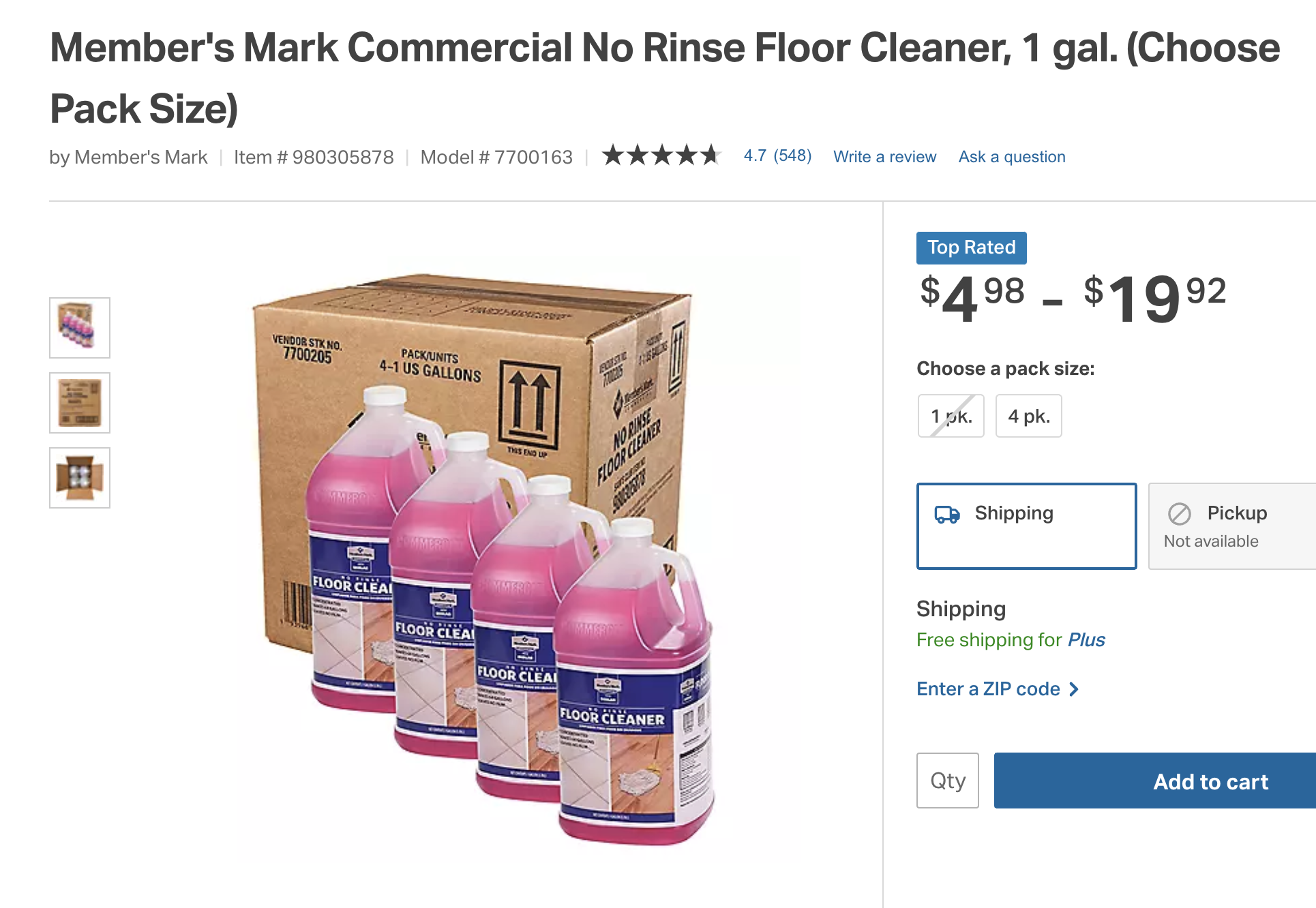 Member's Mark Commercial No Rinse Floor Cleaner, 1 gal.(4 Pack)