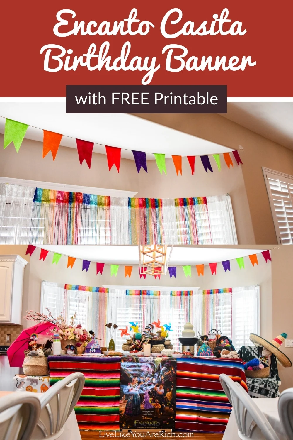 This is a Free Printable and Tutorial on How to Make an Encanto Casita Birthday Banner I made this birthday banner that we saw in Encanto during Antonio’s party.  It was super easy, inexpensive, and came together very quickly.