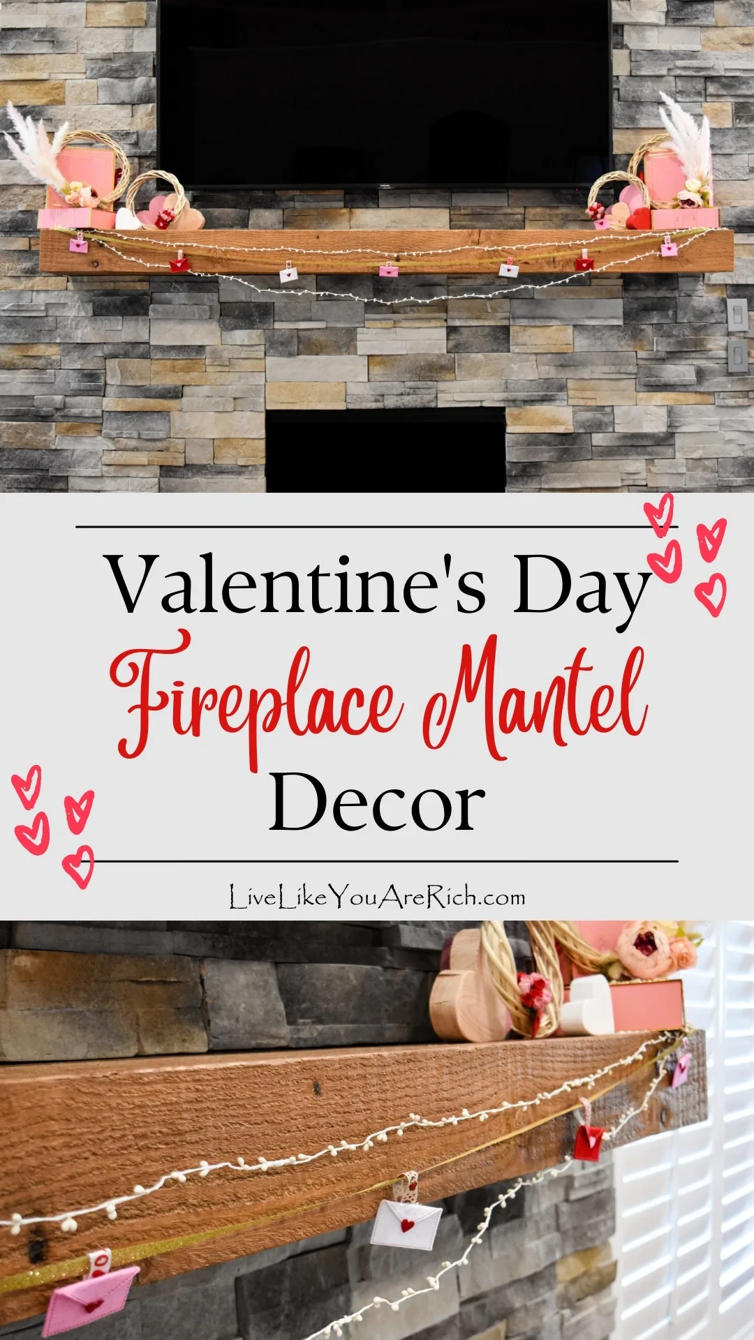 Each year, I like to switch up my Valentine’s Day Fireplace Mantel Decor. This is how I decorated this year.  