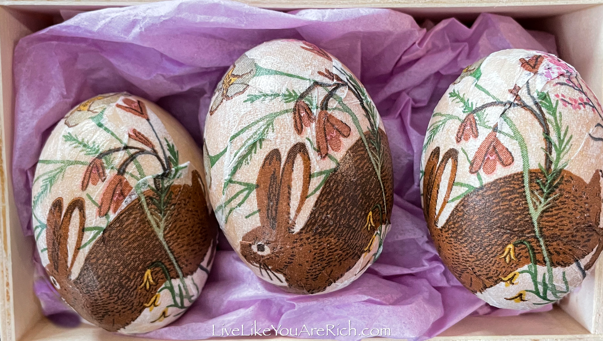 Bunny Napkin Decoupaged Wooden Eggs. 