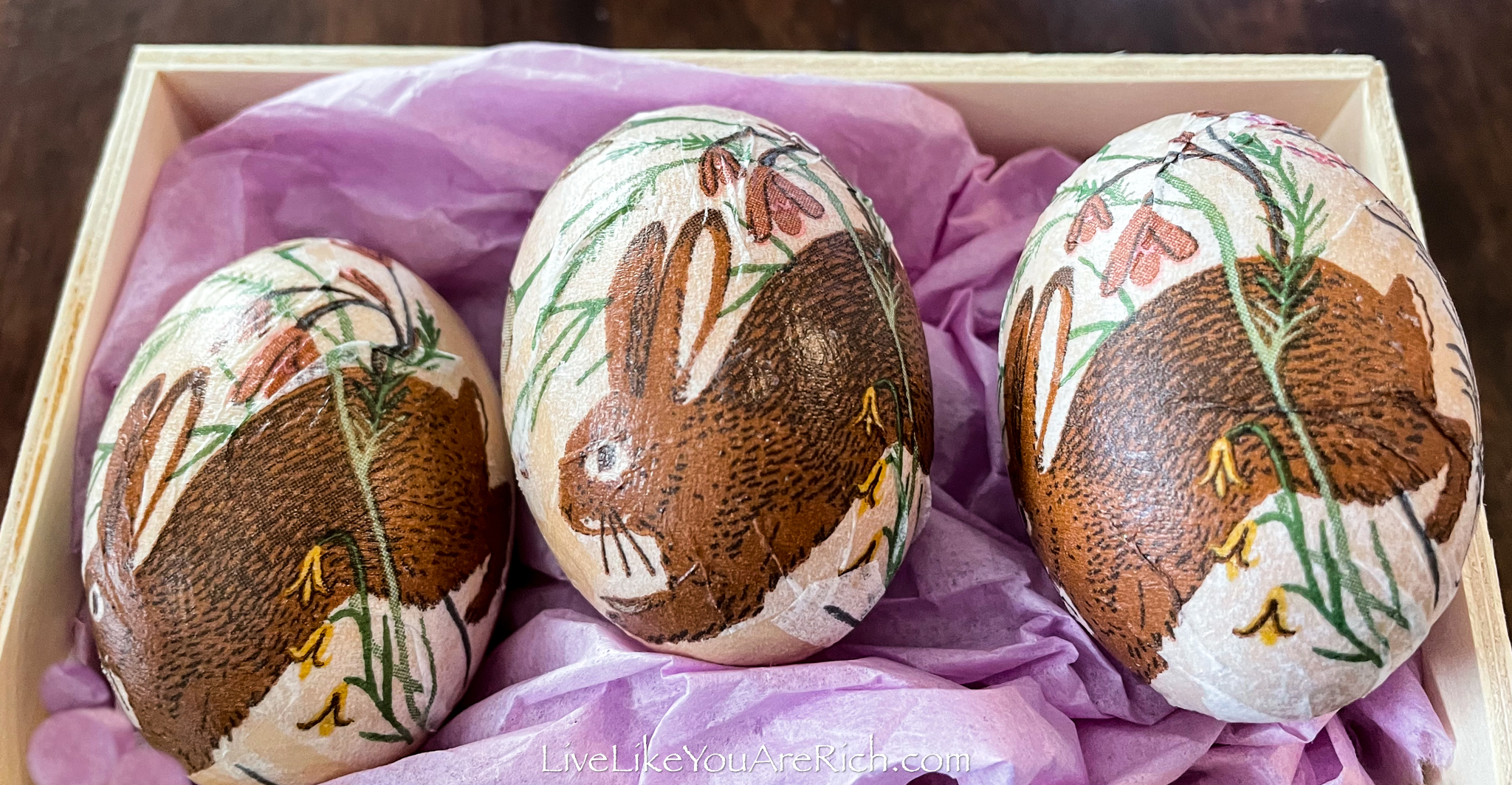 Bunny Napkin Decoupaged Wooden Eggs. 