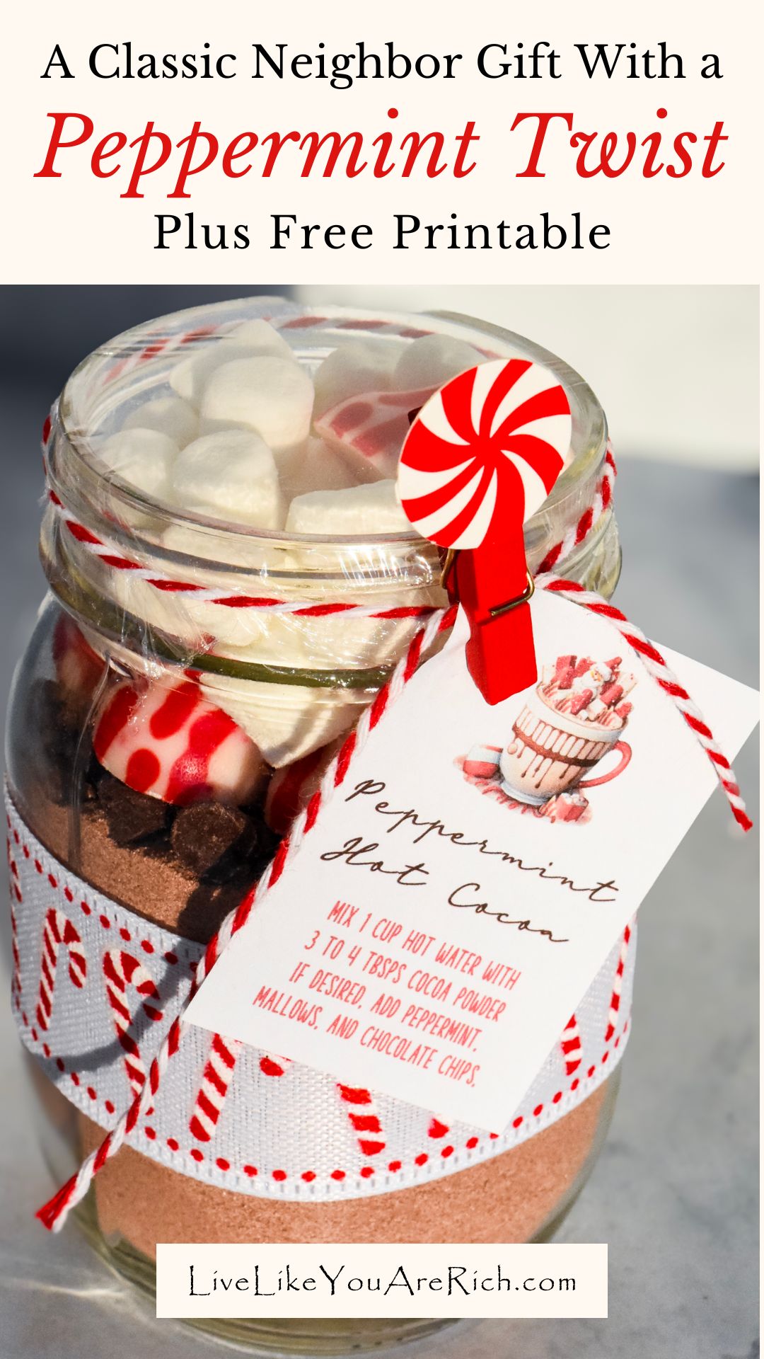 Neighbor Christmas Gift Peppermint Hot Cocoa in a Jar + Free Printable
