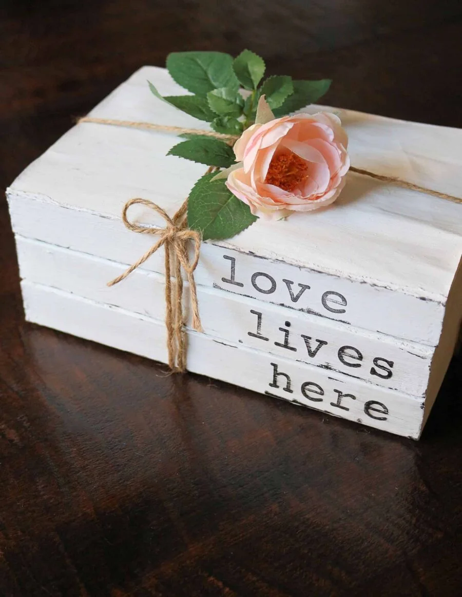 Easy DIY Hand Stamped Stacked Books Decor