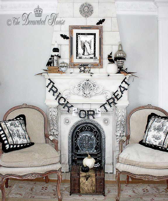 The Decorated House Halloween Mantel Black and White Decorating for Halloween