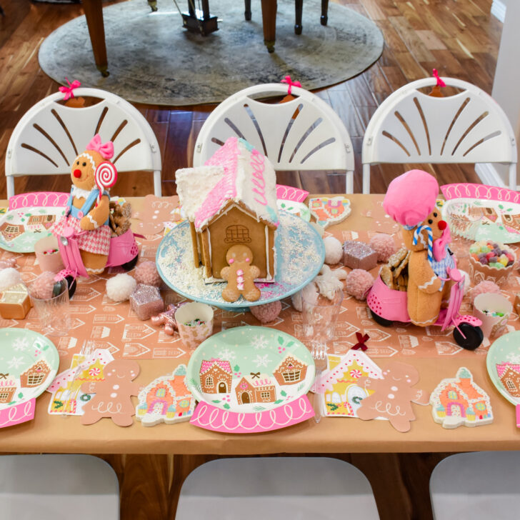 Pink Gingerbread House Tablescape for Kids