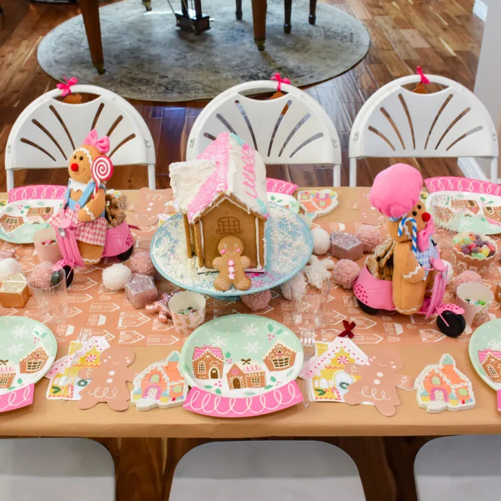 Pink Gingerbread House Tablescape for Kids